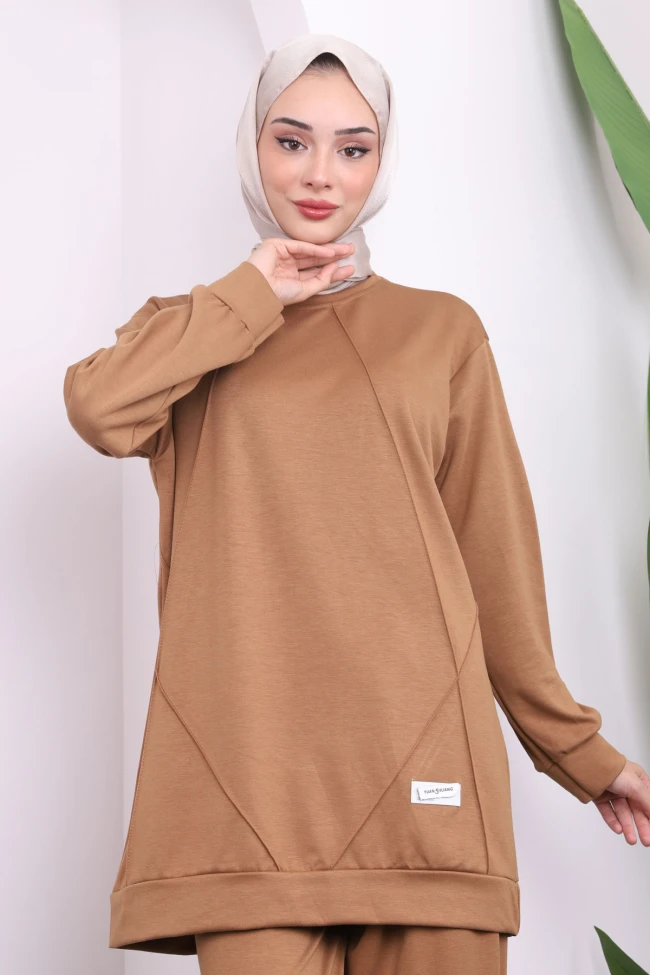 Taba Bisiklet Yaka Modal Tunik Pantolonlu Takım
