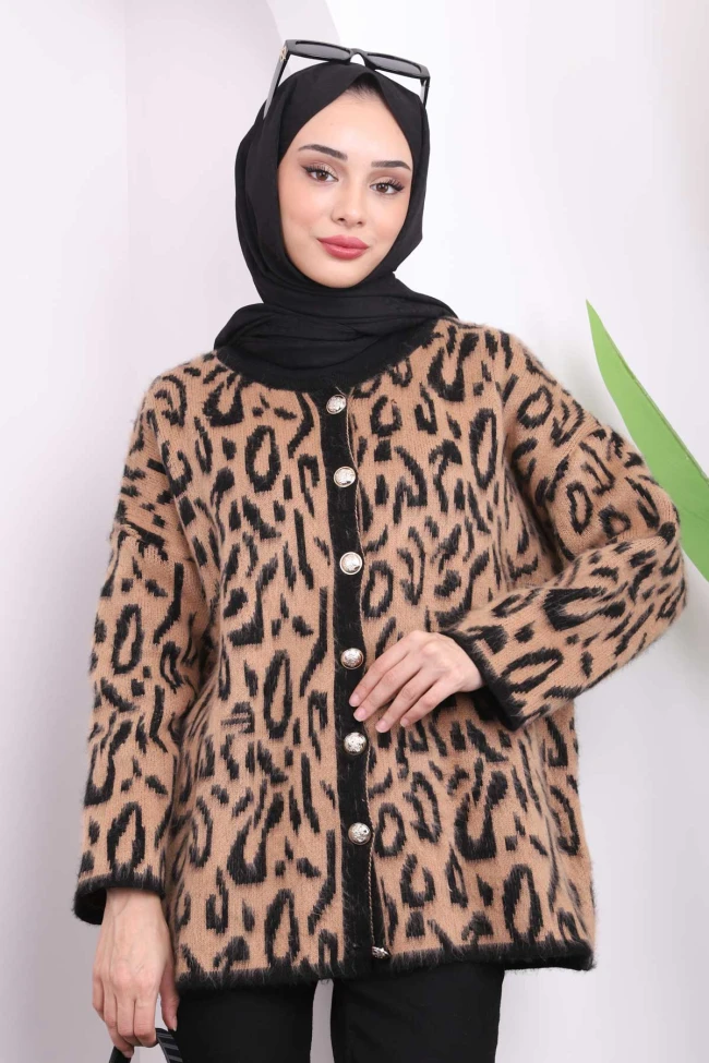 Vizon Leopar Desenli Düğmeli Hırka