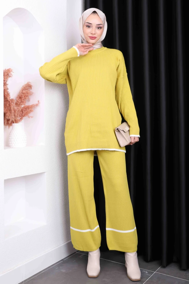 Yağ Yeşili Pantolonlu Triko Takım