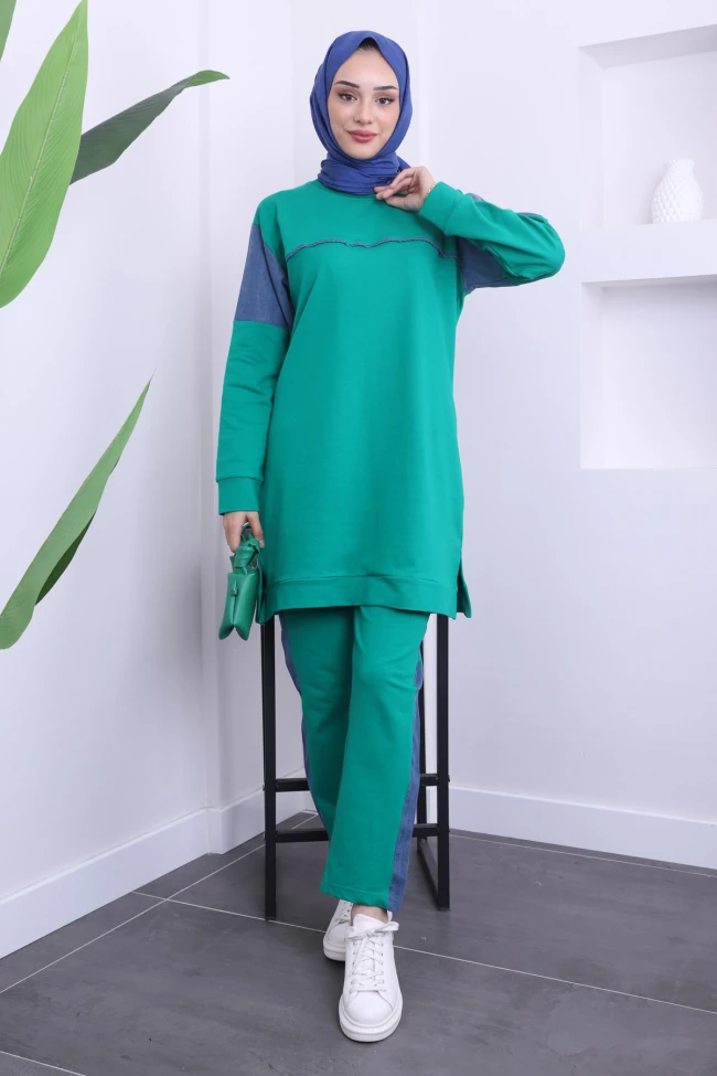 Yeşil Kot Detaylı Tunik Pantolonlu İki İplik Takımı