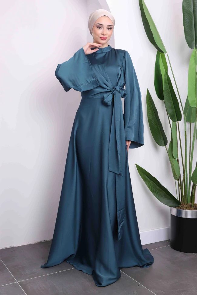 Yeşil Ön Bağlamlı Kol Volanlı Saten Abiye