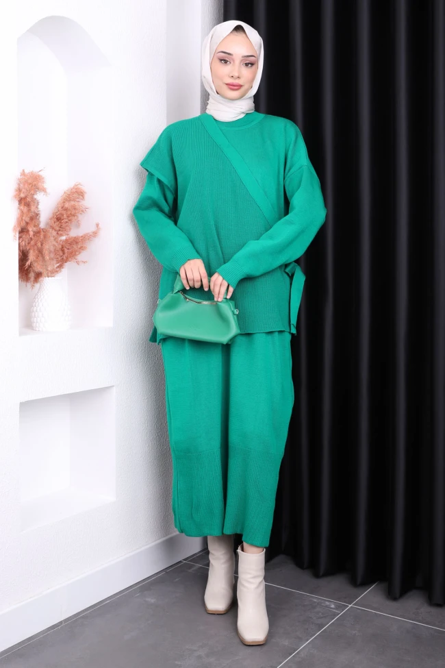 Yeşil Tek Omuz Süveterli Triko Elbise