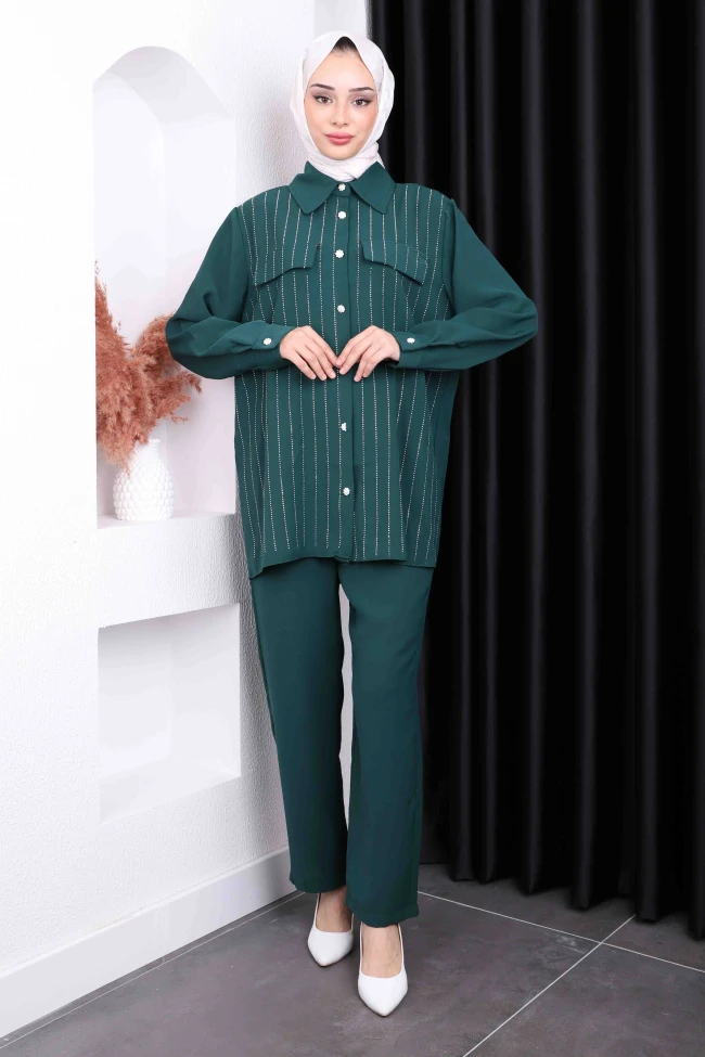 Zümrüt Yeşili Sahte Cepli Ön Taşlı Tunik Pantolon Takım
