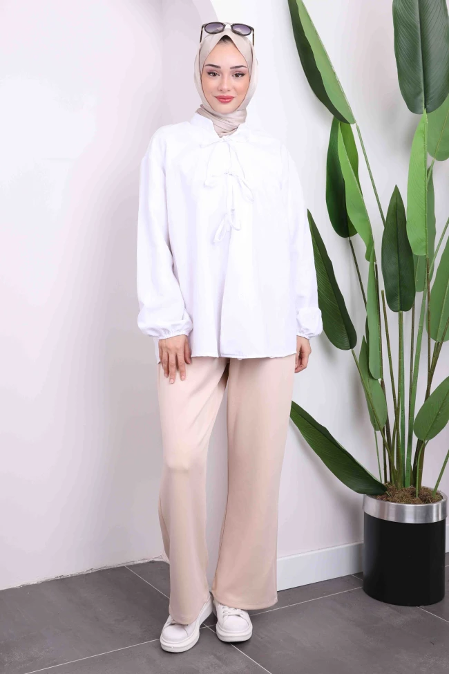 Beyaz Ön Bağlamalı Kimono