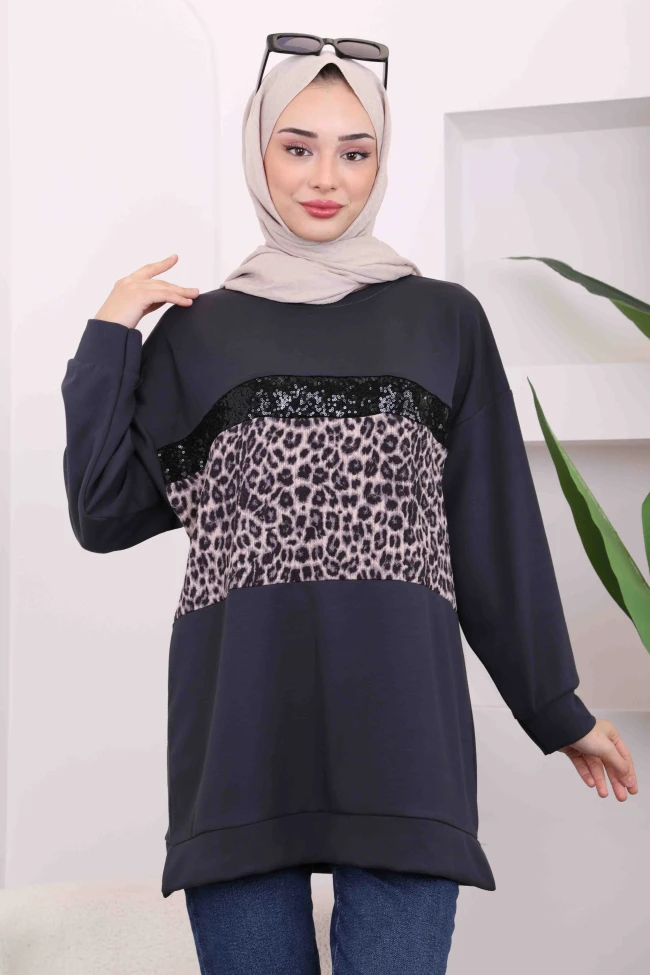 Füme Gri Önü Leoparlı Modal Tunik