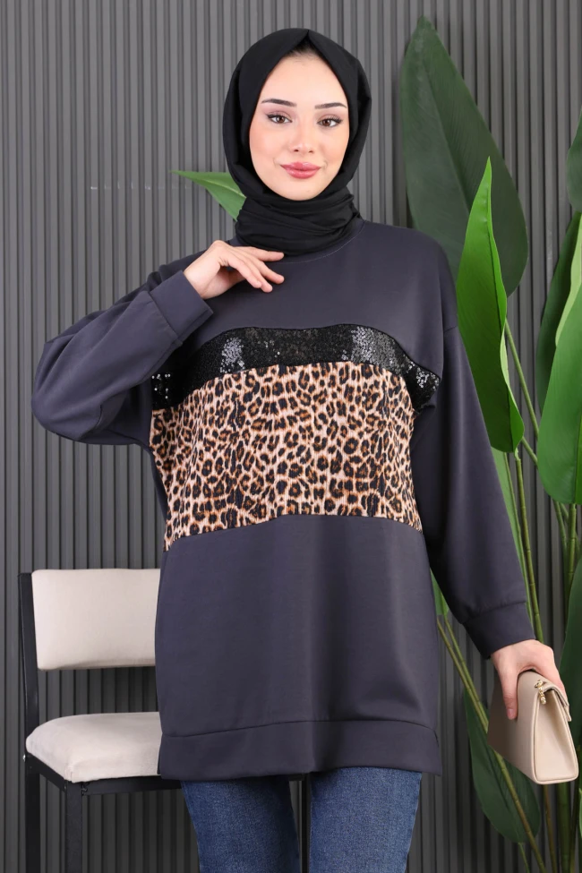 Füme Önü Leoparlı Modal Tunik
