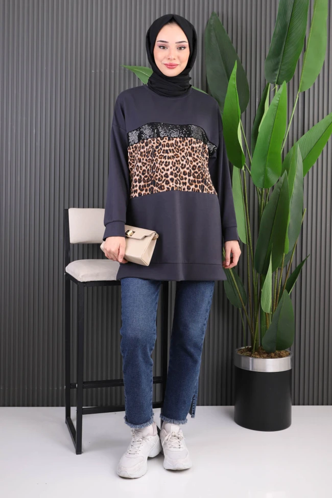 Füme Önü Leoparlı Modal Tunik