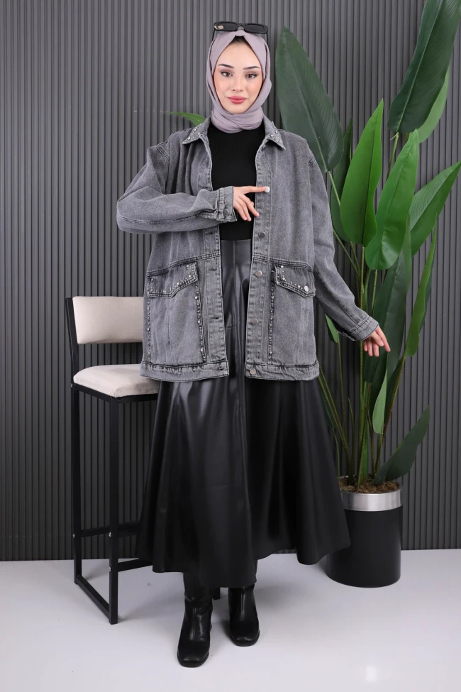 Füme Taşlı Kot Ceket