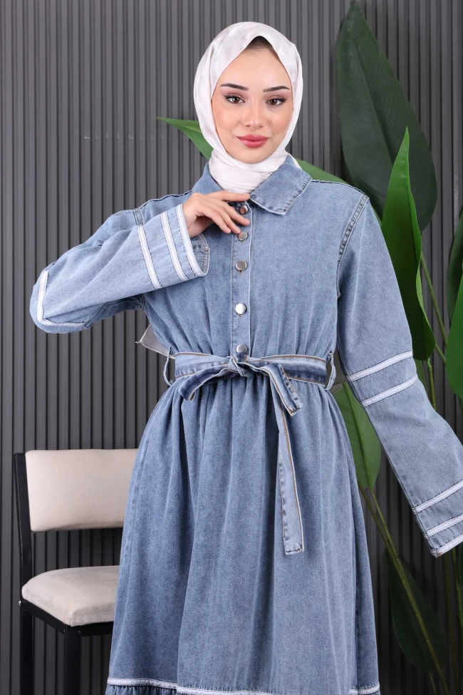 Mavi Bel Kuşaklı Kot Elbise