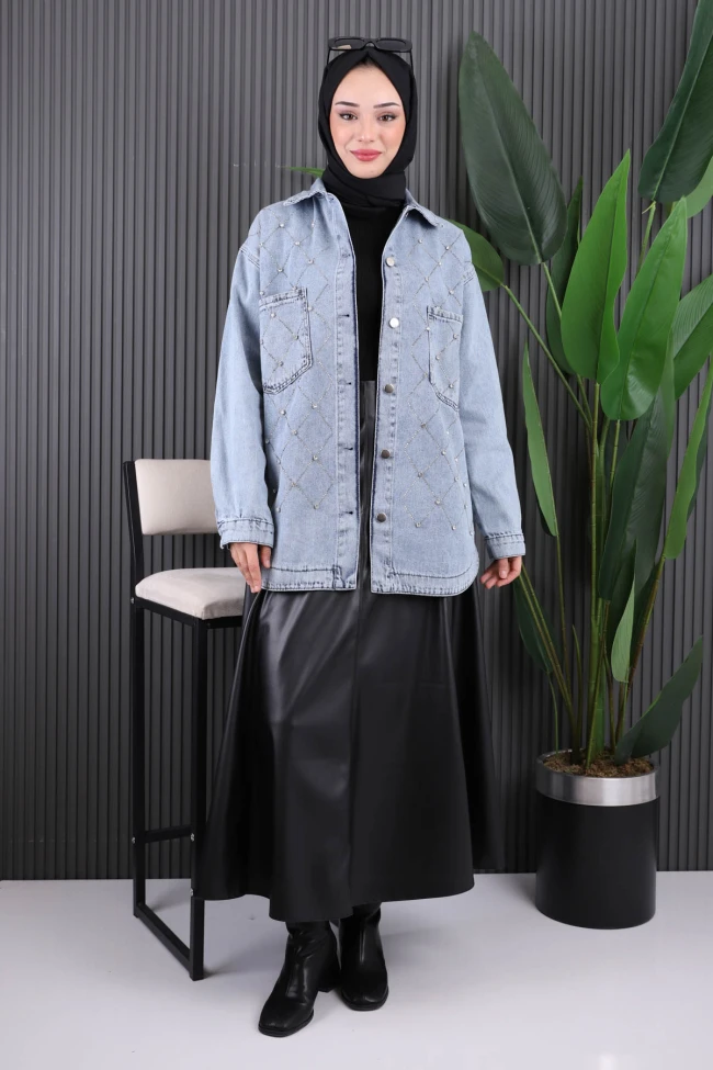 Mavi Taş İşlemeli Kot Ceket