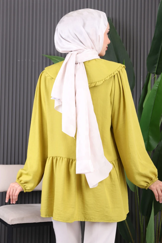 Yağ Yeşili Bebe Yaka Ön Bağlamalı Keten Kimono