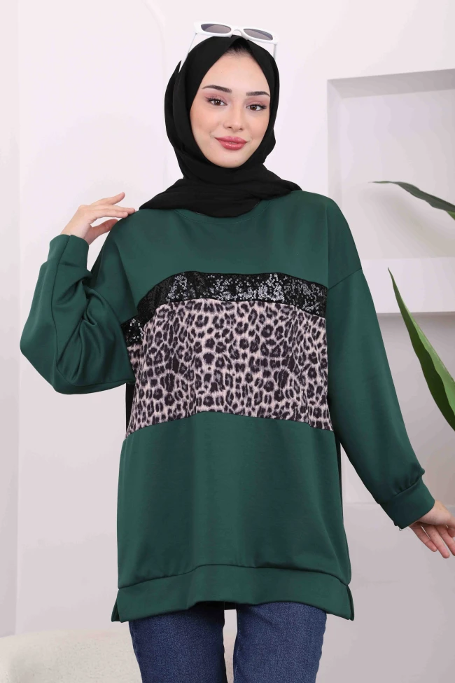 Zümrüt Gri Önü Leoparlı Modal Tunik