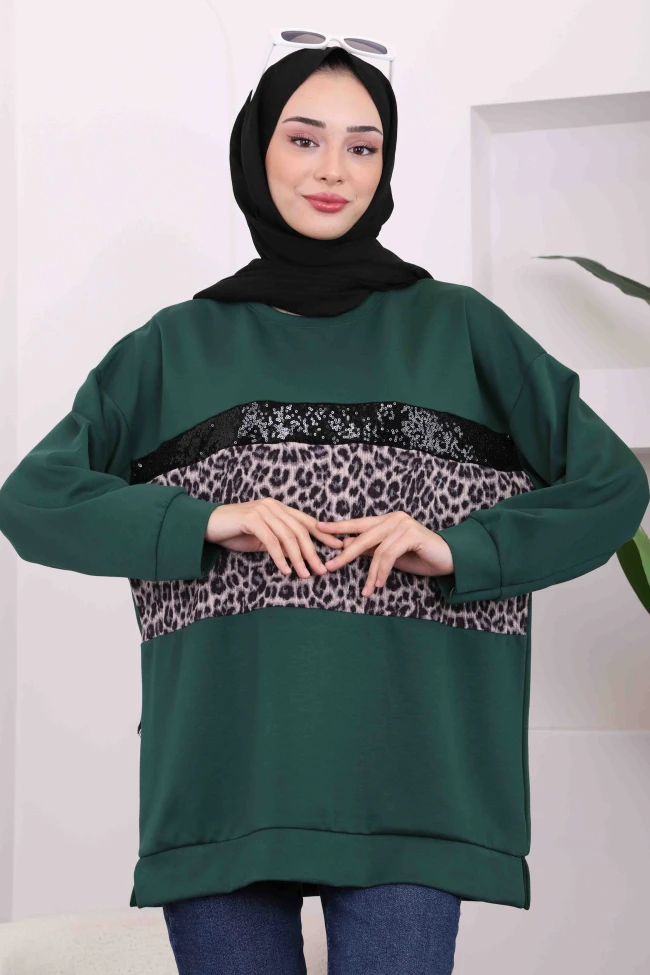 Zümrüt Gri Önü Leoparlı Modal Tunik