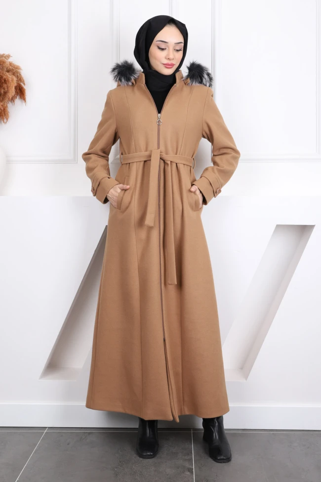 Bisküvi Bel Kuşaklı Kapüşonlu Pardesü Kaşe Kaban