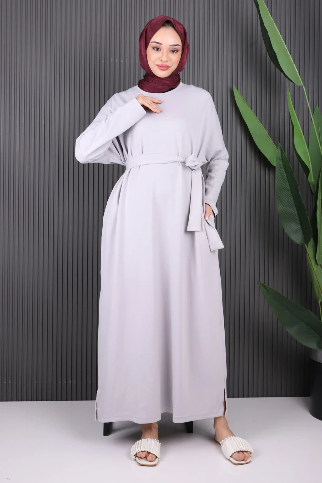 Gri Bel Kuşaklı Yarasa Kol Salaş Elbise