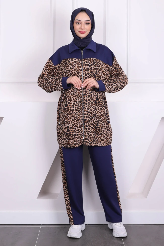 Lacivert Bel Büzgülü Modal Tunik Pantolonlu Takım