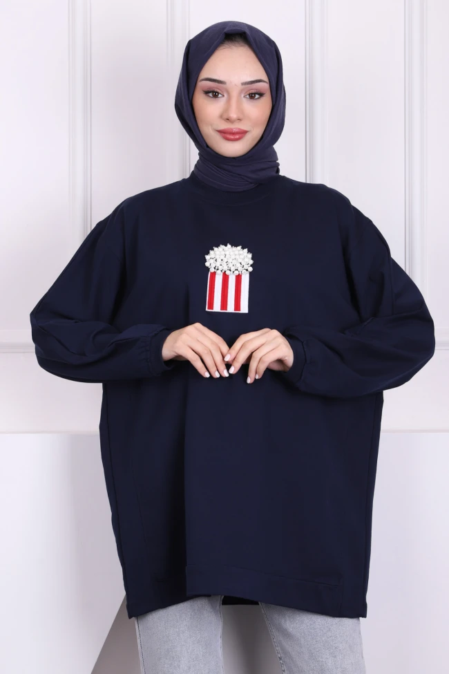 Lacivert Ön Detaylı Modal Sweatshirt
