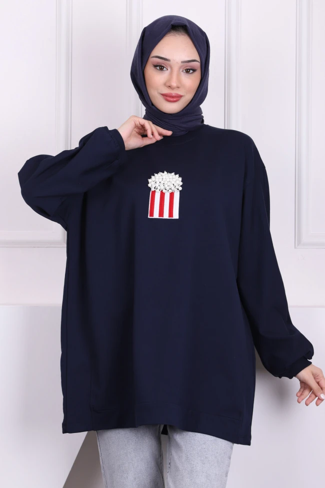 Lacivert Ön Detaylı Modal Sweatshirt