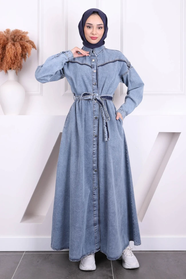 Mavi Bel Kuşaklı Düğmeli Kot Elbise