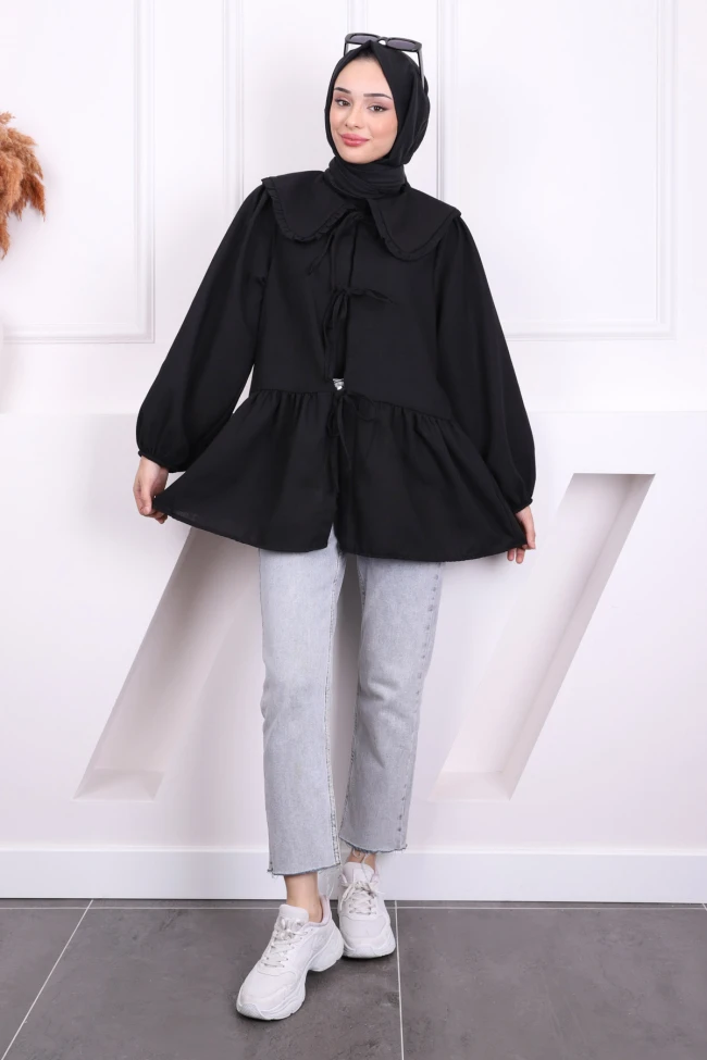 Siyah Bebe Yaka Ön Bağlamalı Keten Kimono