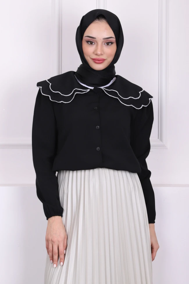 Siyah Bebe Yaka Terikotan Gömlek