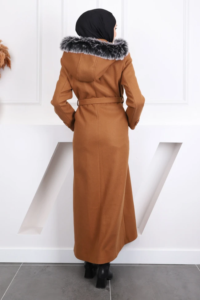 Taba Bel Kuşaklı Kapüşonlu Pardesü Kaşe Kaban