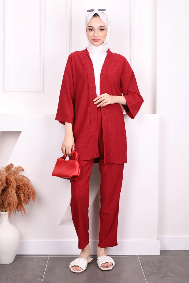 Bordo Bürümcük Kimono Pantolon Takım