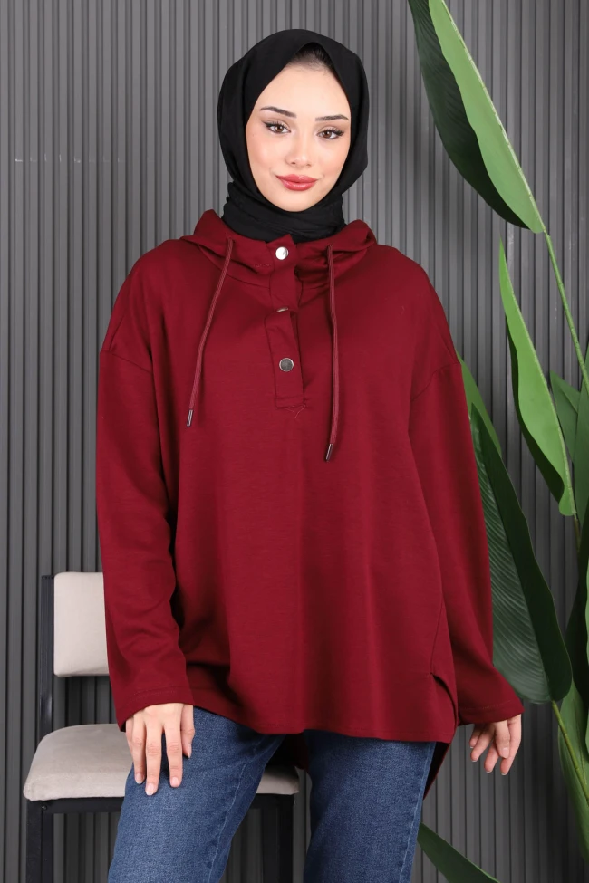 Bordo Kapşonlu Modal Oversize Sweat