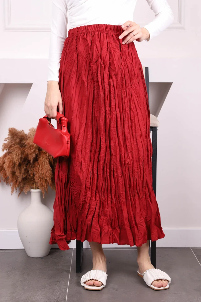 Bordo Kendinden Kırışık Bel Lastikli Etek