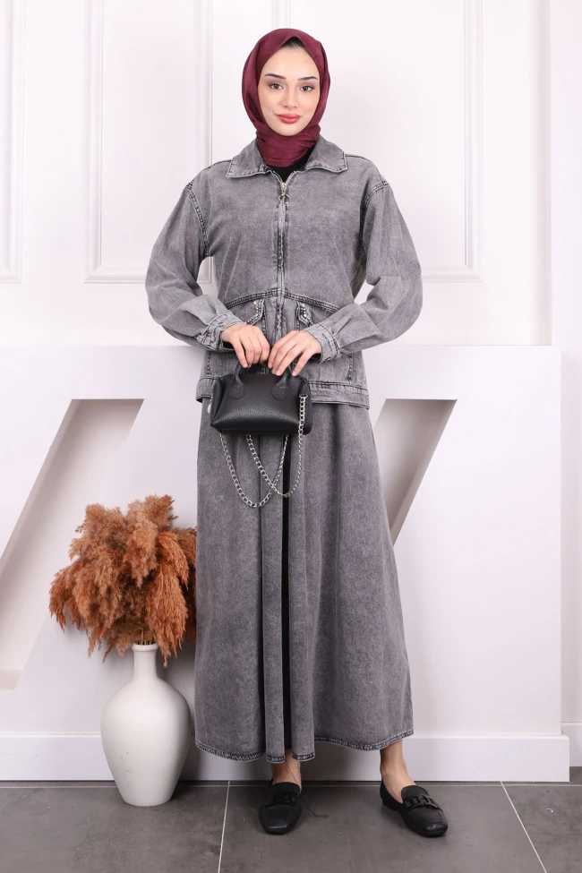 Füme Cep Taşlı Ceket Etekli Kot Takım