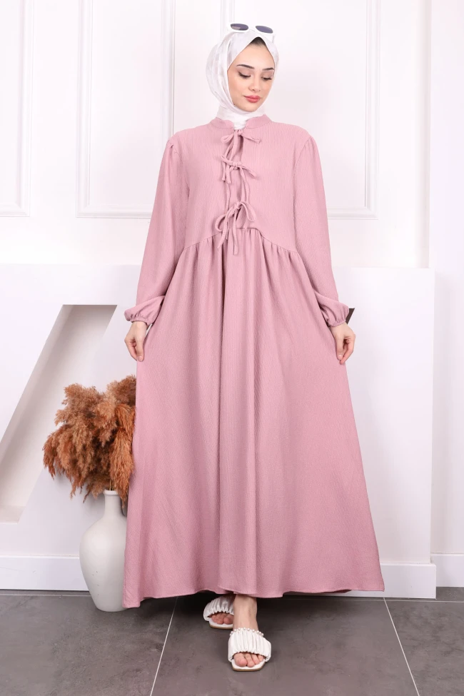 Gül Kurusu Kol Lastikli Yaka Bağlamalı Bürümcük Elbise