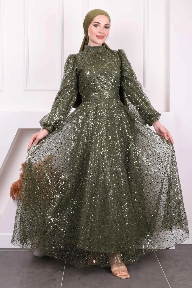 Haki Boncuklu Payetli Abiye