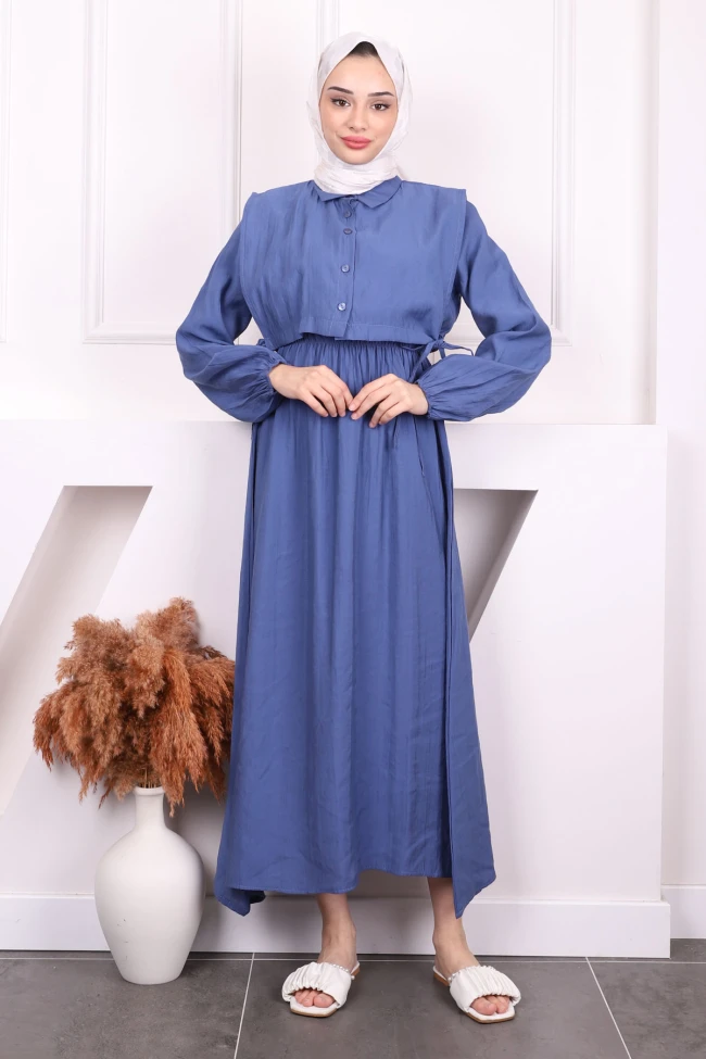 İndigo Süveterli Elbise Kombin Takım