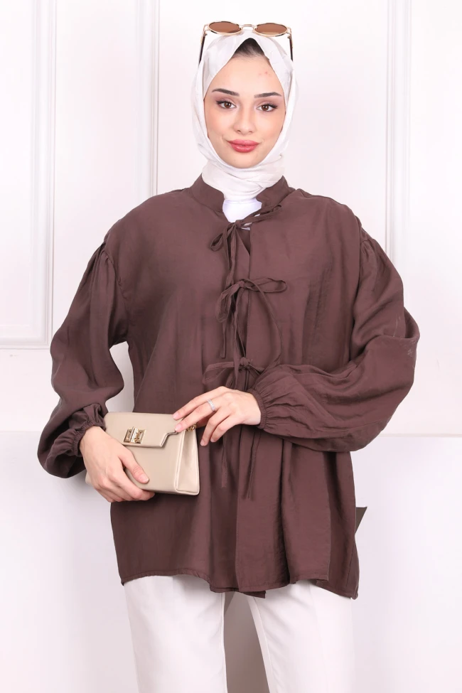 Kahverengi Ön Bağlamalı Kimono