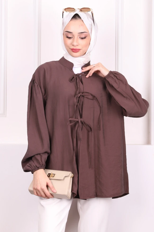 Kahverengi Ön Bağlamalı Kimono