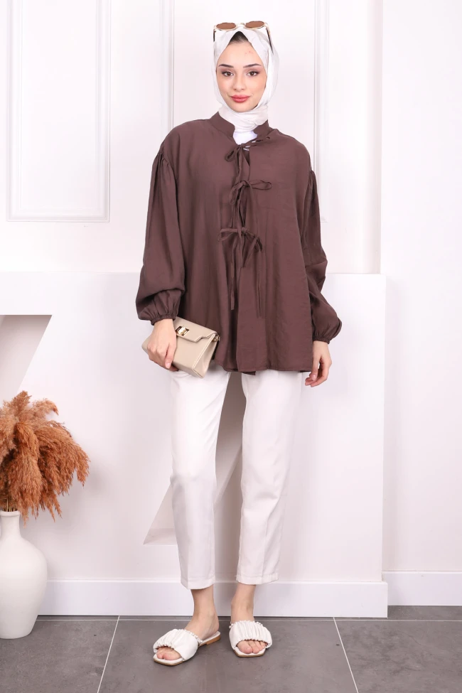 Kahverengi Ön Bağlamalı Kimono