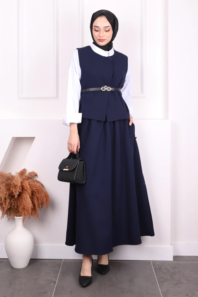 Lacivert Bel Kemerli Yelek Etekli Takım