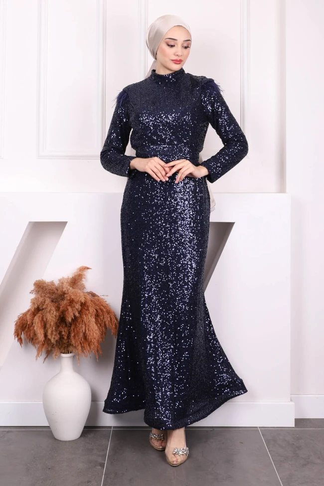 Lacivert Bel Kuşaklı Payetli Abiye