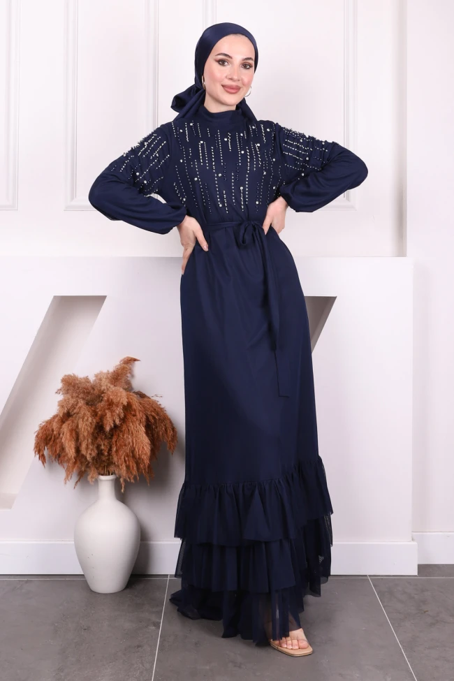 Lacivert Eteği Fırfırlı Boncuklu Şifon Abiye
