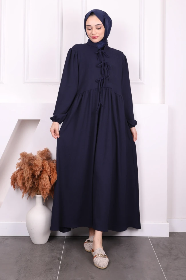 Lacivert Kol Lastikli Yaka Bağlamalı Bürümcük Elbise