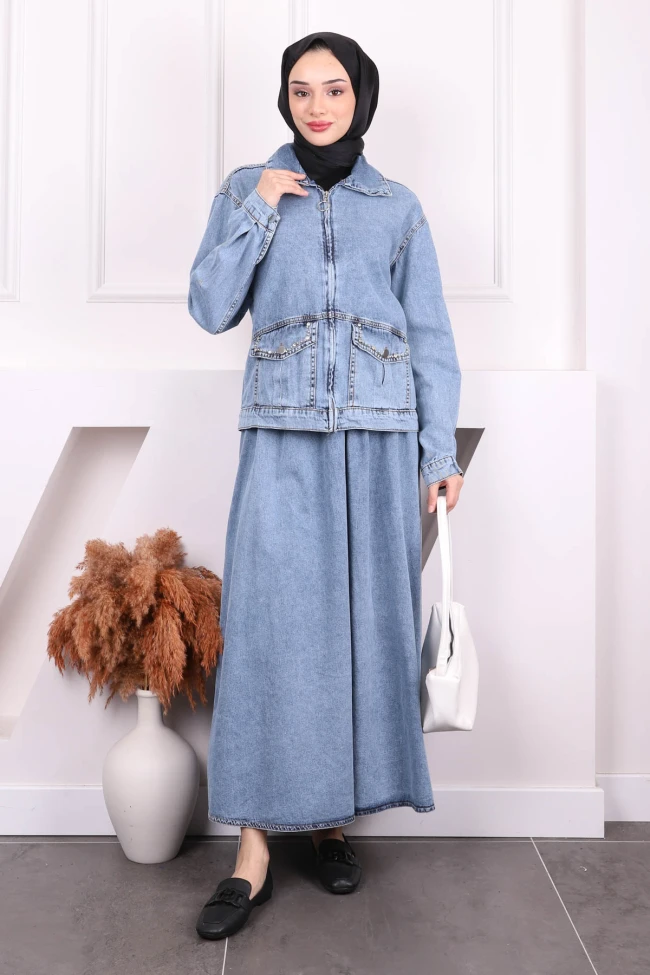 Mavi Cep Taşlı Ceket Etekli Kot Takım