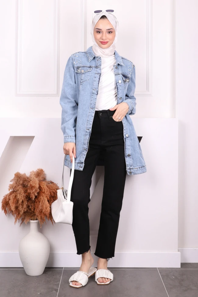 Mavi İnci İşlemeli Kot Ceket