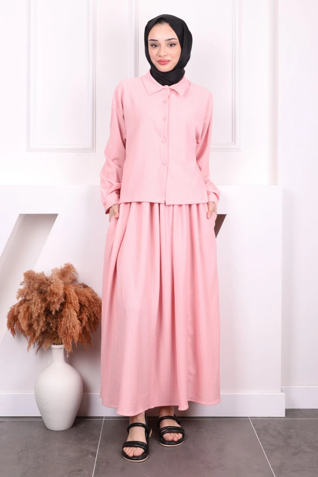 Pudra Ön Kısa Arka Uzun Gömlek Etek Bürümcük Takım