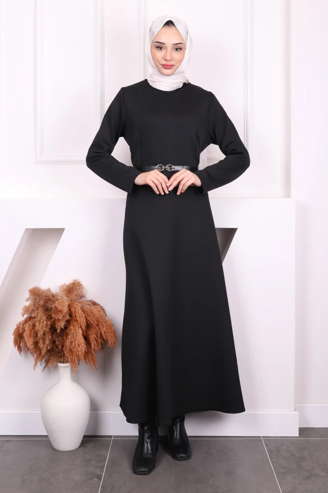 Siyah Bel Kemerli Scuba Elbise