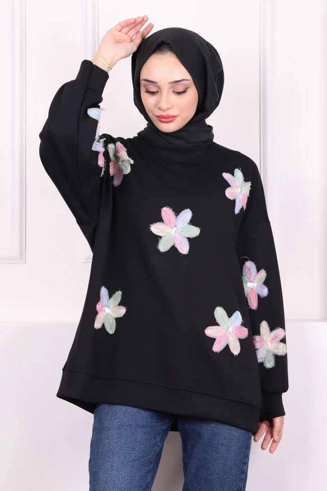 Siyah Çiçekli Modal Sweat