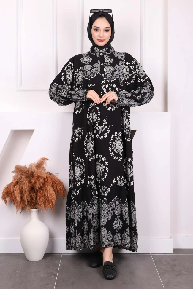 Siyah Desenli Yarım Düğmeli Viscon Elbise