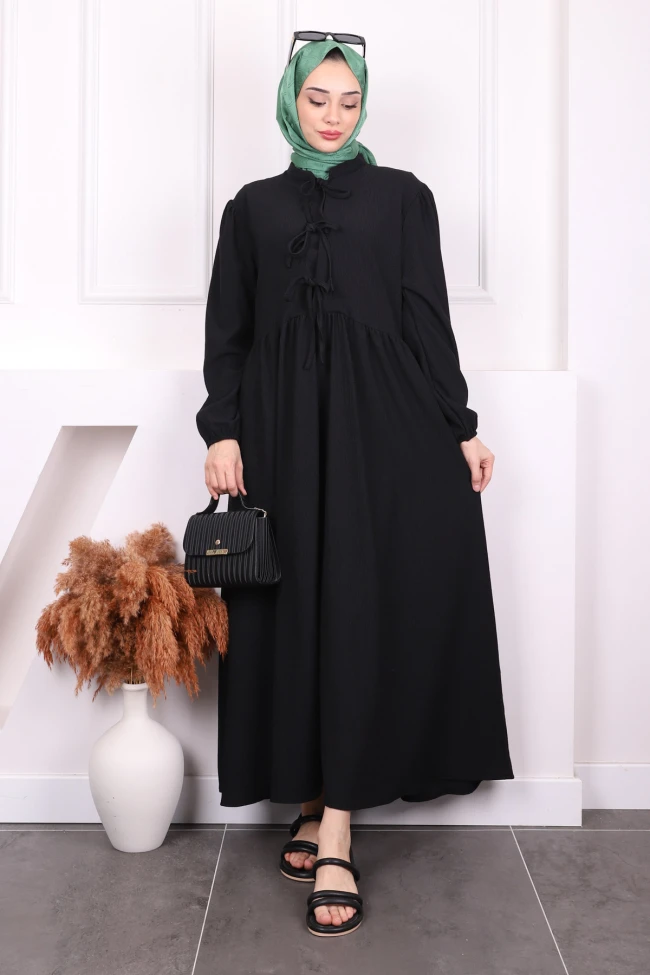 Siyah Kol Lastikli Yaka Bağlamalı Bürümcük Elbise