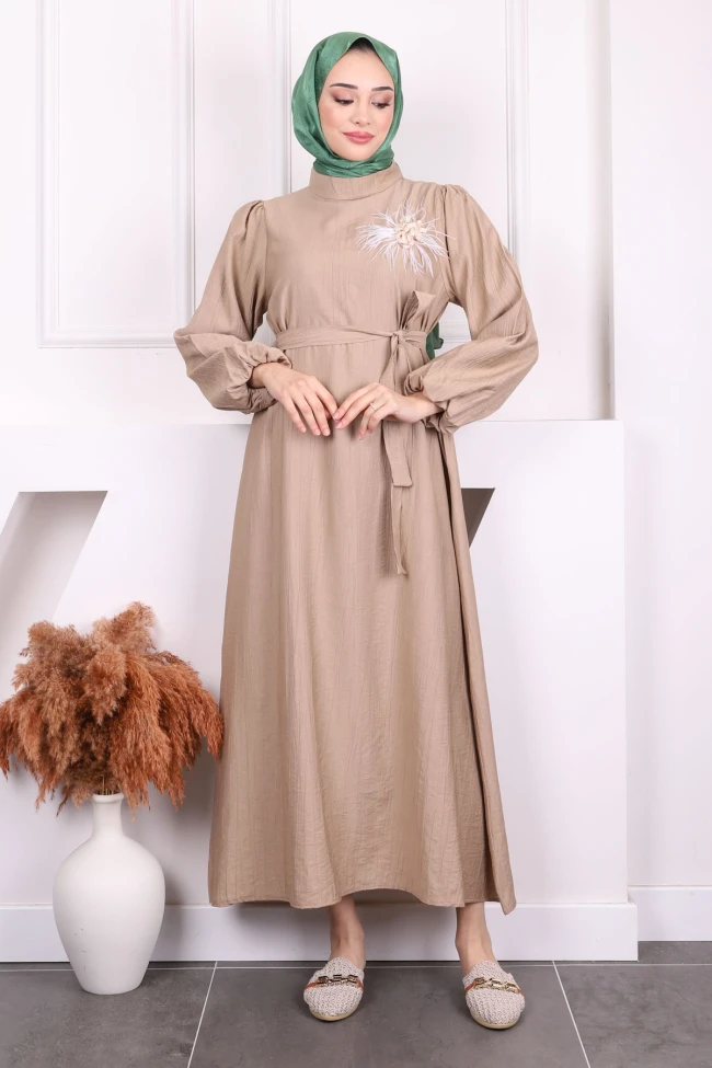 Vizon Balon Kol Kuşaklı Elbise