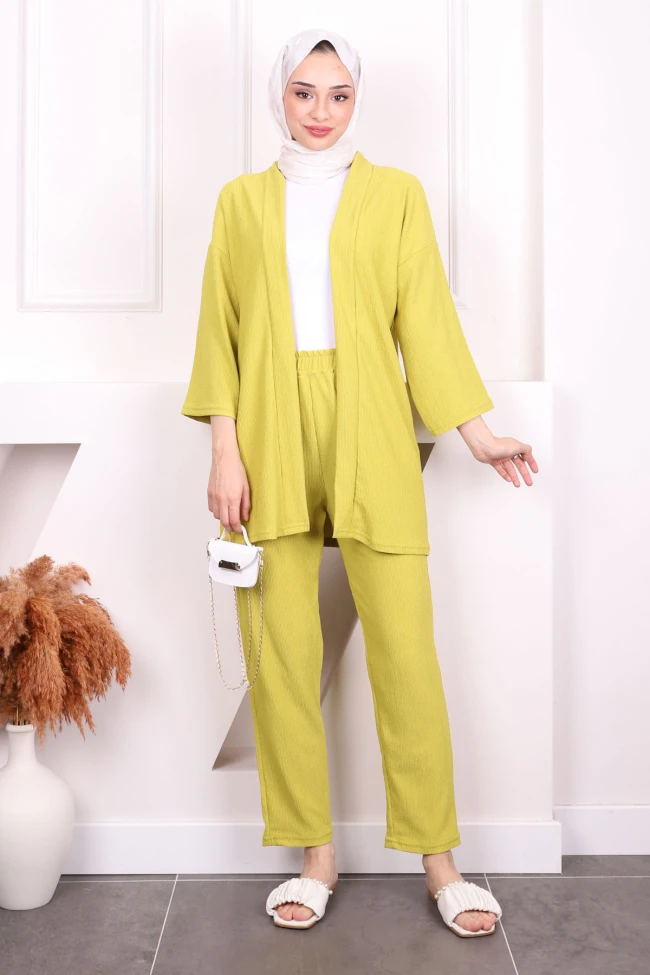 Yağ Yeşili Bürümcük Kimono Pantolon Takım