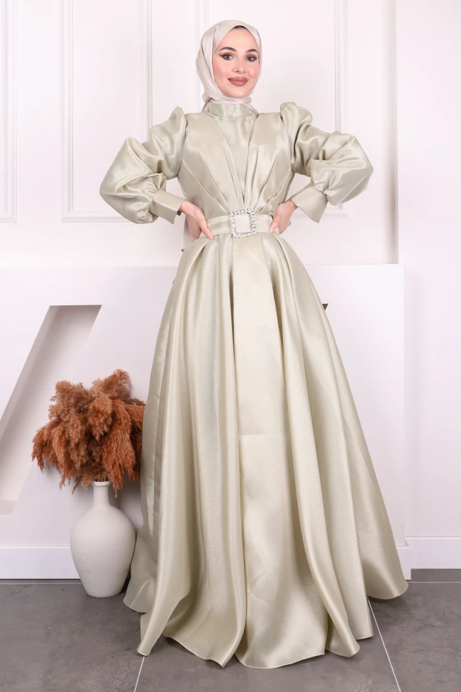 Açık Haki Balon Kol Drapeli Abiye